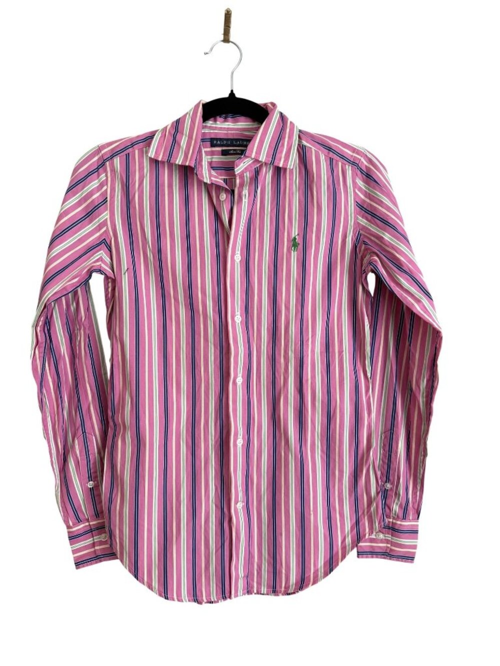 Ralph Lauren Womens Striped Pink Button Up Collared Shirt Slim Fit Size 0 [jb]